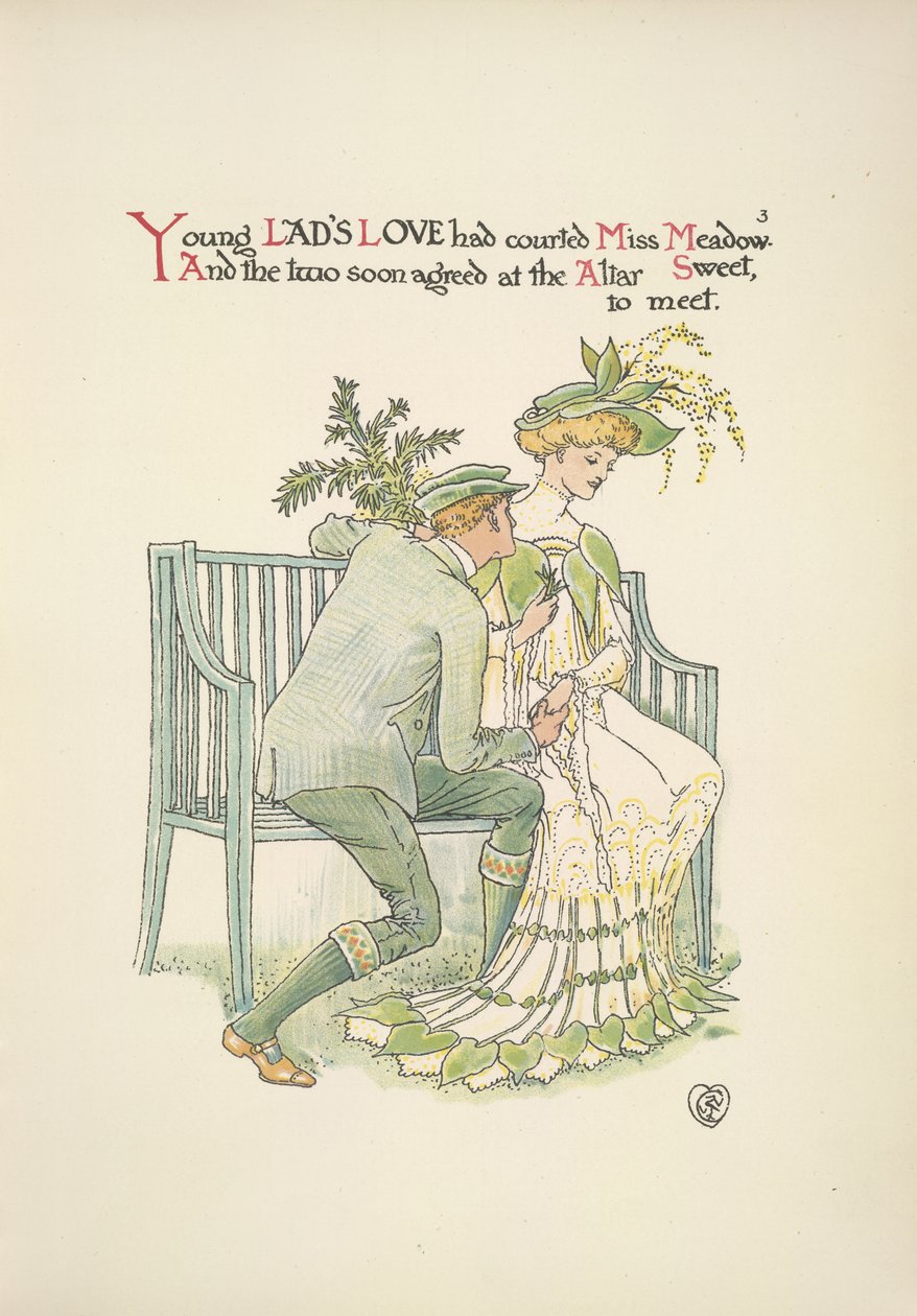 Mladý muž, který se dvoří mladé ženě, slečně Meadowové od Walter Crane