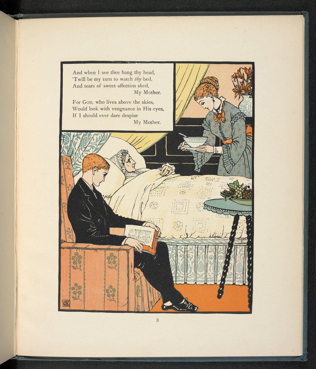 Mladý muž sedící svou matku, která je v posteli, krmí polévkou. od Walter Crane