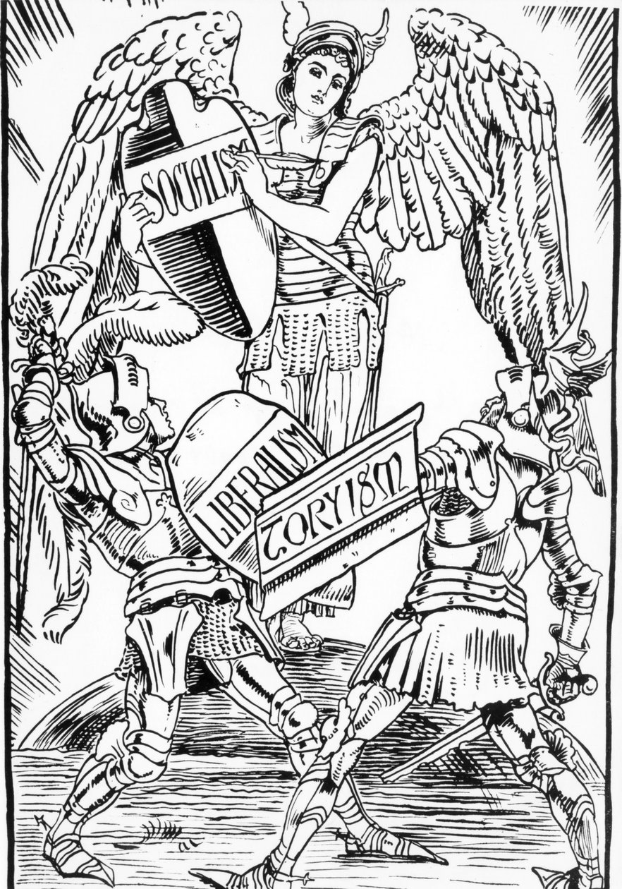 Alegorie Waltera Cranea: Socialismus tvrdě vítězí v boji mezi liberalismem a Torysmem (Anglická konzervativní strana). Rytina z konce 19. století. od Walter Crane