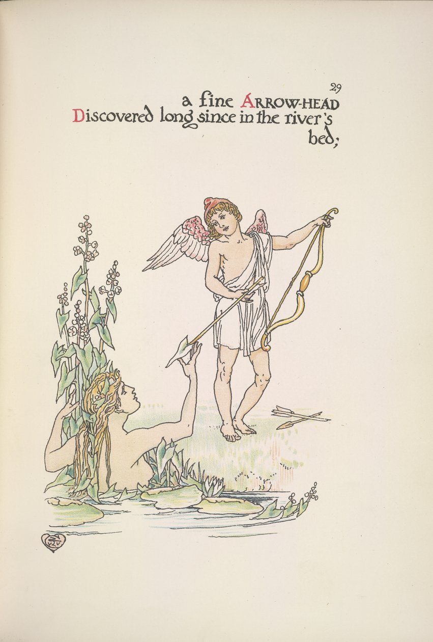 Anděl drží šíp a dámu v řece nebo jezeru od Walter Crane