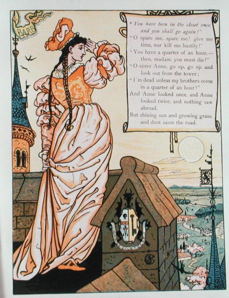 Anne Looking from the Tower, ilustrace k „Modrovous“ od Charlese Perraulta (1628-1703) (barevná rytina) od Walter Crane