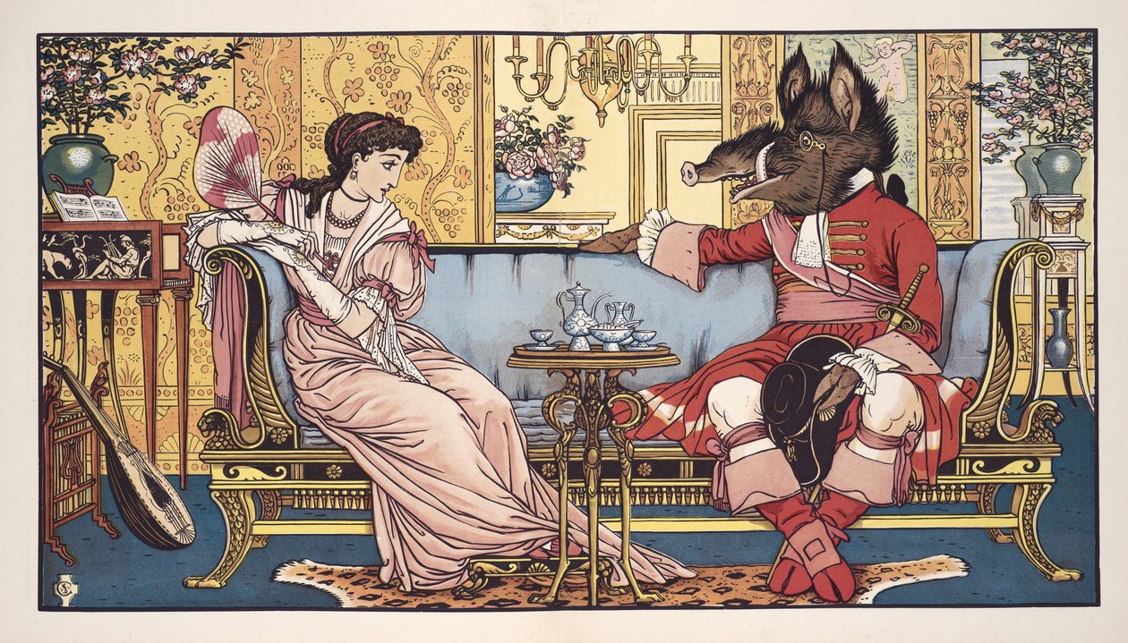 Kráska a zvíře, hospoda. 1874 (barevné lito) od Walter Crane