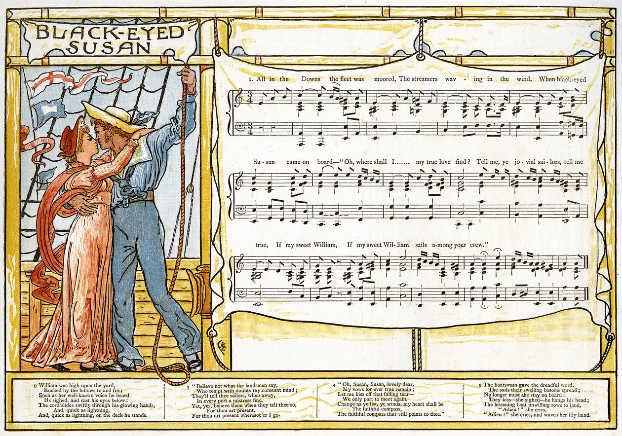 "Black-Eyed Susan", ilustrace písně z knihy "Pan-Pipes", A Book of Old Songs, Newly Arranged and with Accompaniments by Theo. Marzials, vydáno v Londýně nakladatelstvím George Routledge und Sons, 1884 (barevná lit.). od Walter Crane