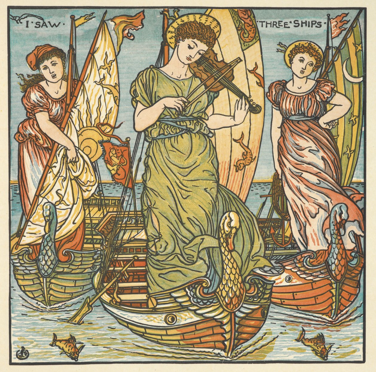 Barevná ilustrace pro „Viděl jsem tři lodě“. Tři ženy, jedna hraje na housle, stojící na lodích. od Walter Crane