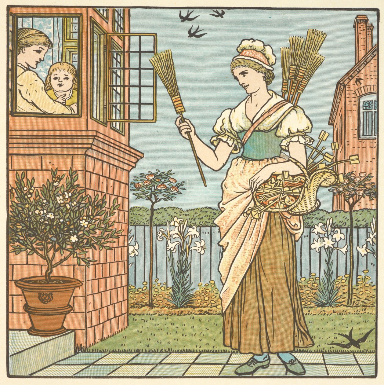 Barevná ilustrace pro „koupit koště“. Mladá žena prodávající košťata. od Walter Crane