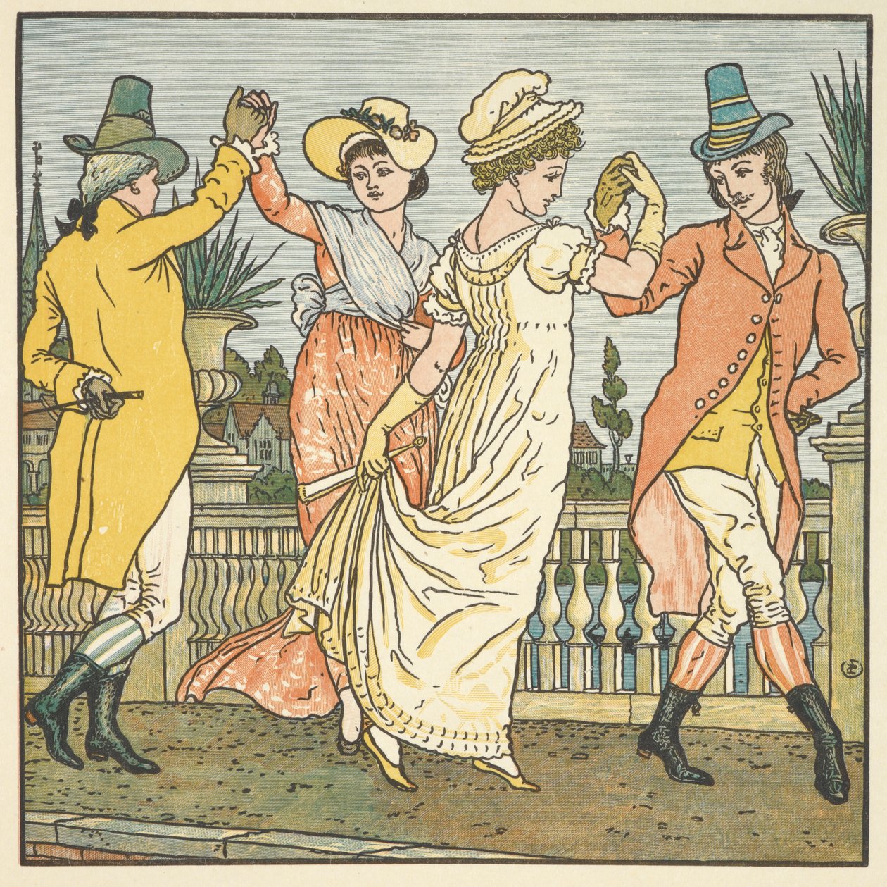 Barevná ilustrace pro „na mostě v Avignonu“. Dva tančící páry. od Walter Crane