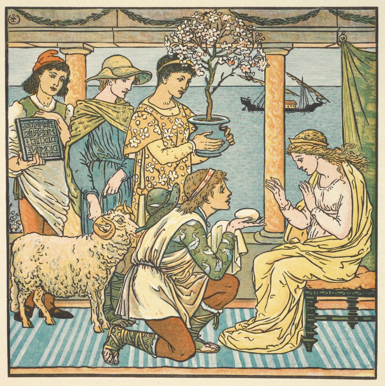Barevné ilustrace pro „čtyři dárky“. Čtyři bratři dávají dárky mladé ženě. od Walter Crane