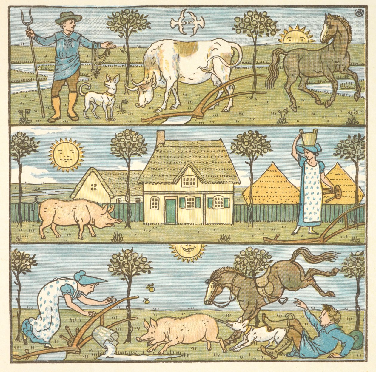 Barevná ilustrace pro „malou katastrofu“. Farmář, dojička a různá hospodářská zvířata. od Walter Crane