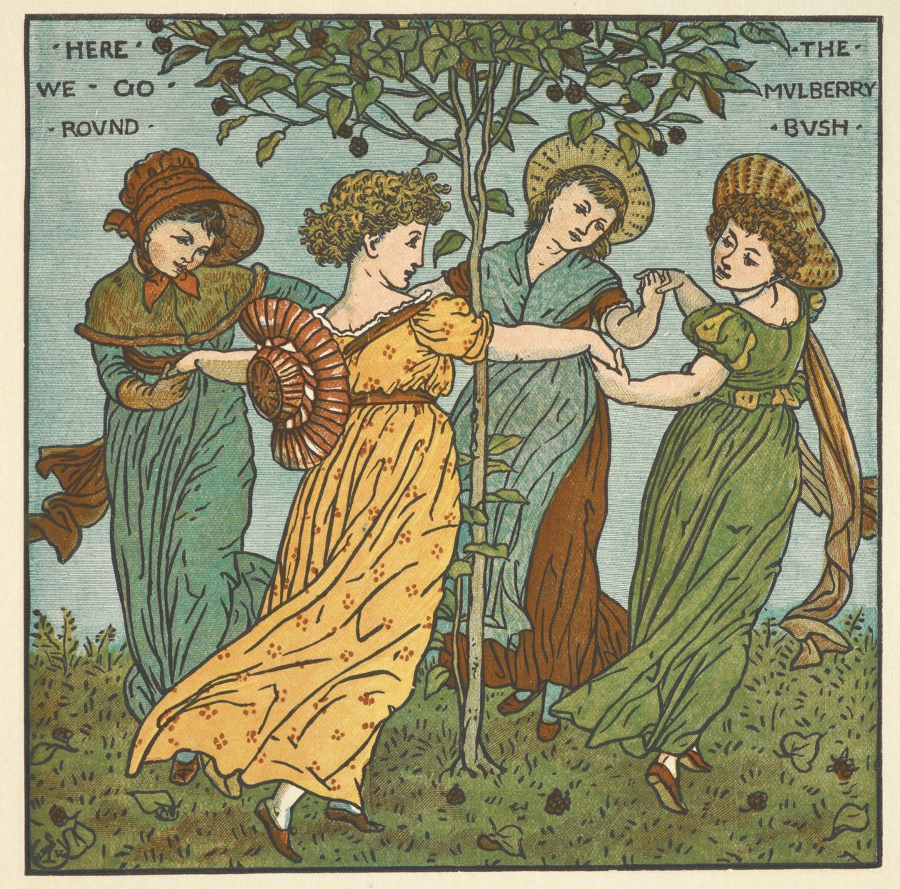 Barevná ilustrace pro „moruše“. Čtyři ženy tančí kolem stromu. od Walter Crane