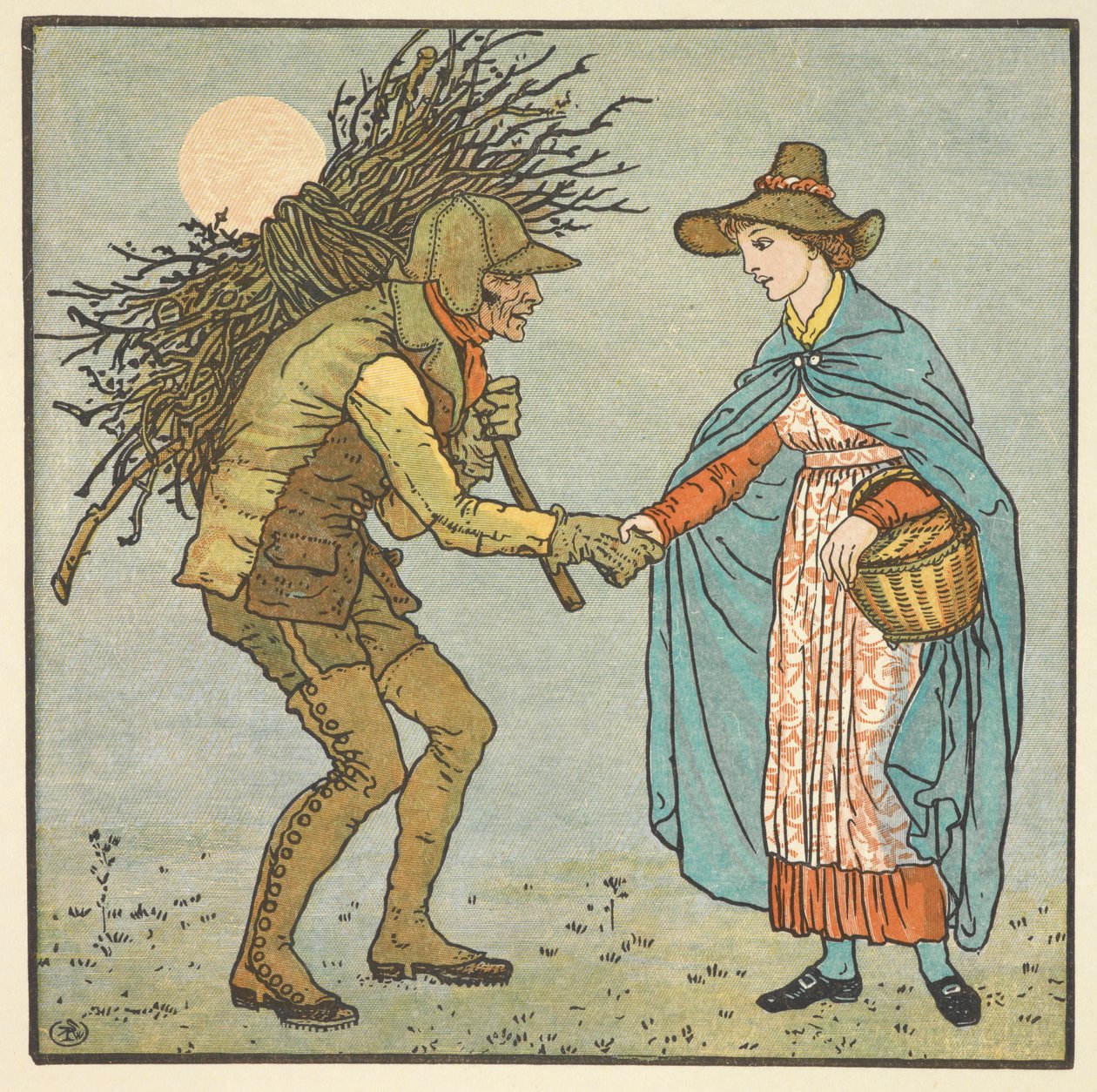 Barevná ilustrace pro „starého muže v kůži“. Mladá žena si potřásá rukou s mužem, který má na rameni hromadu větviček. od Walter Crane