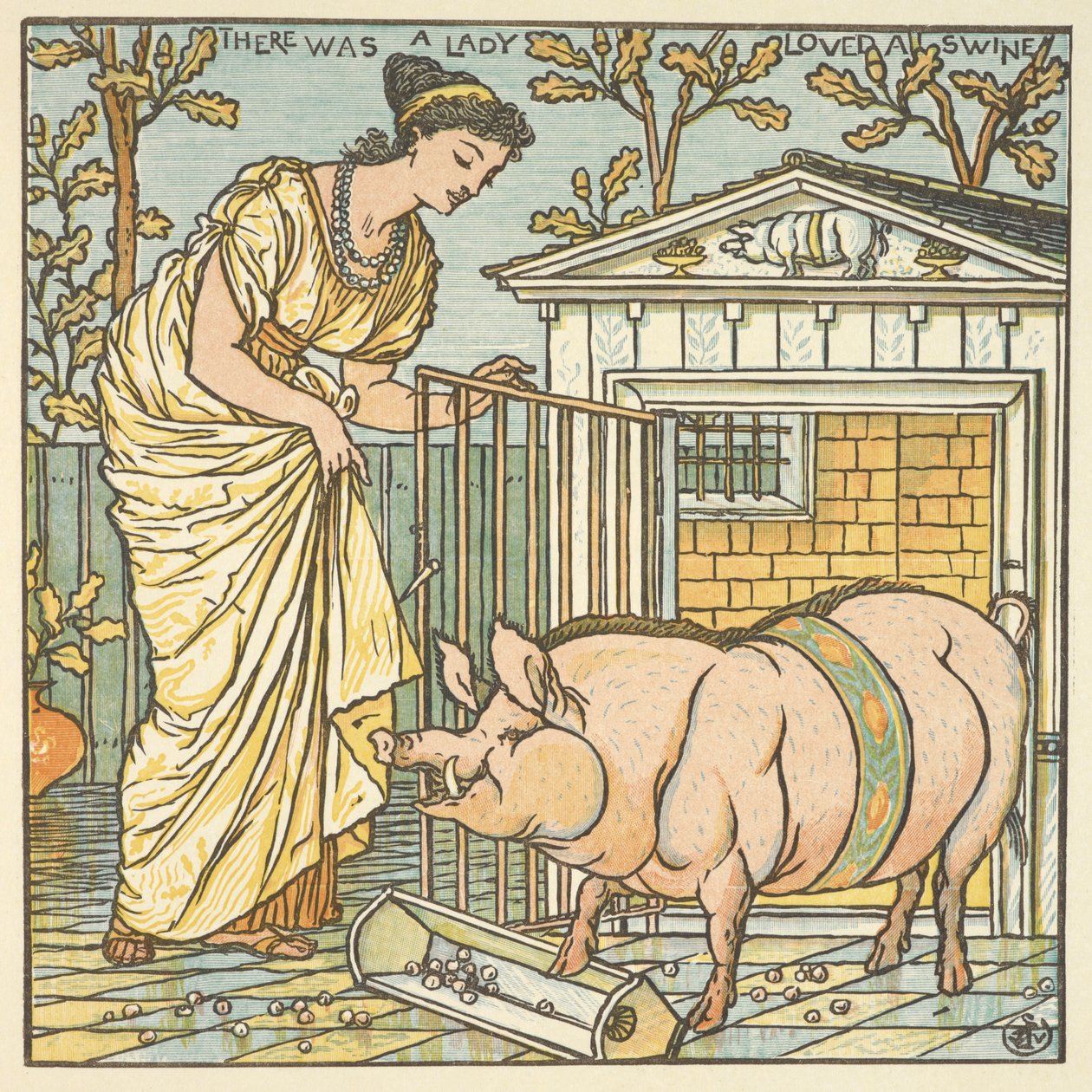 Barevná ilustrace pro „tam byla dáma milovala prase“. Žena a prase. od Walter Crane
