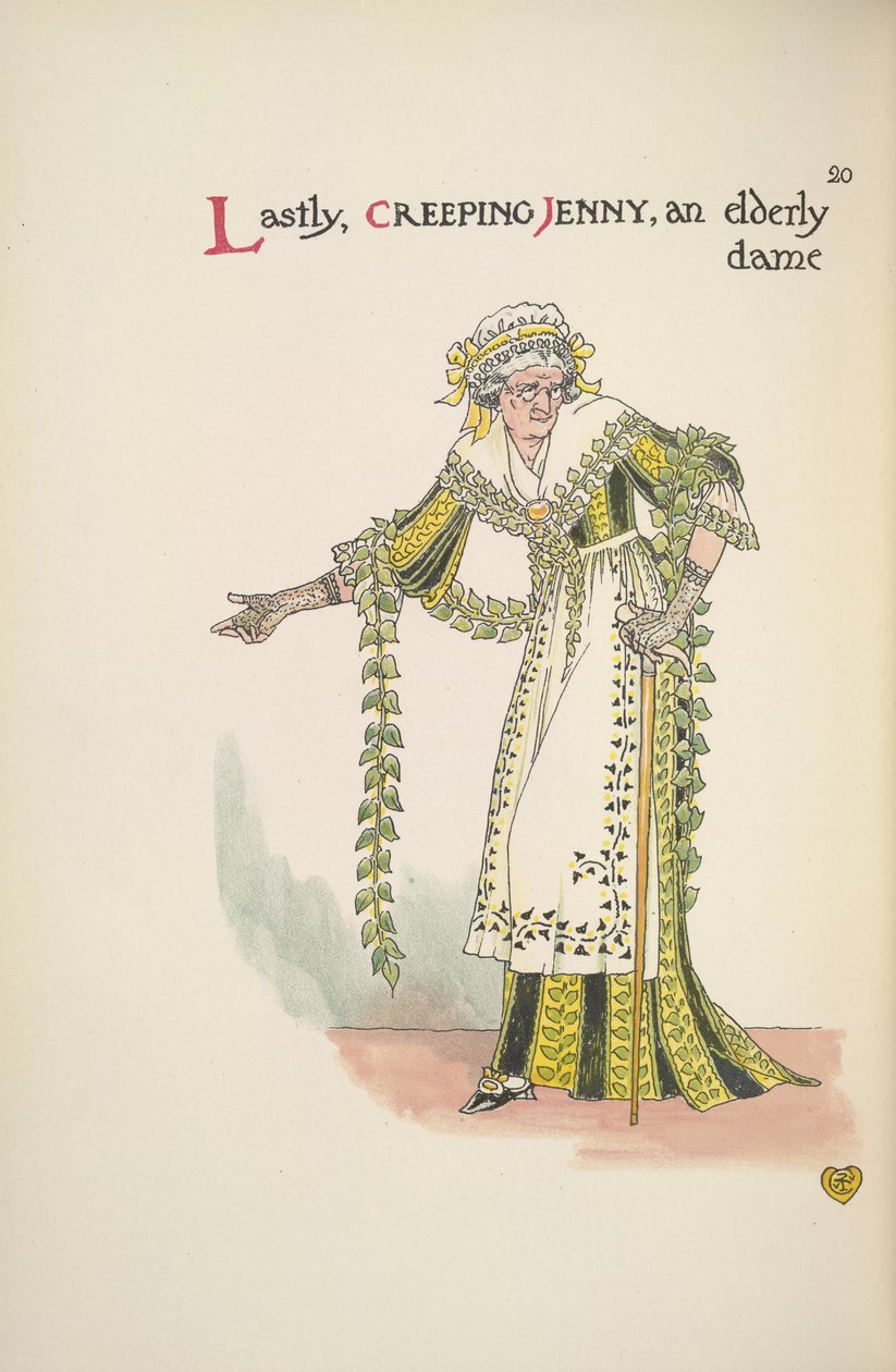 Plíživá Jenny. Starší dáma pomocí vycházkové hole od Walter Crane