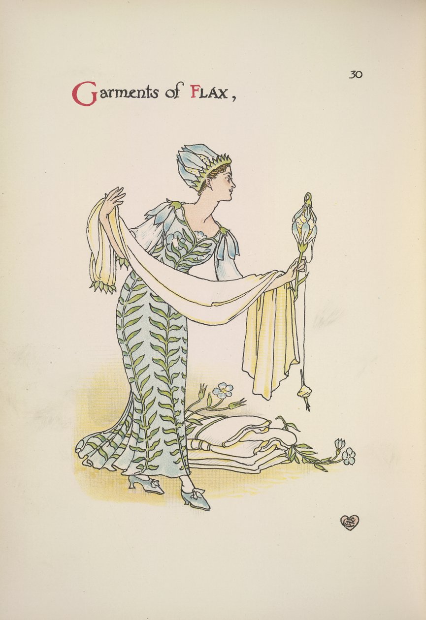 Oděvy ze lnu. Žena držící šátek od Walter Crane