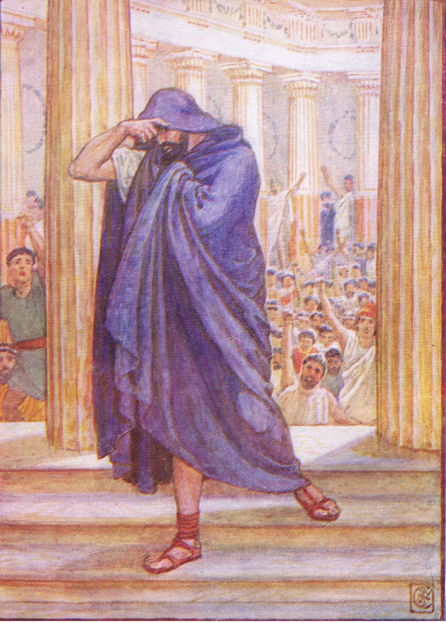 Odešel ze shromáždění a skryl si tvář do pláště, ilustrace z Příběhu Řecka, 30. léta od Walter Crane