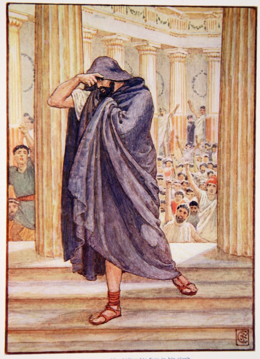 Odešel ze shromáždění se schováním tváře ve svém plášti, ilustrace z Příběhu Řecka od Mary Macgregor, 1. vydání, 1913 (barevný tisk) od Walter Crane