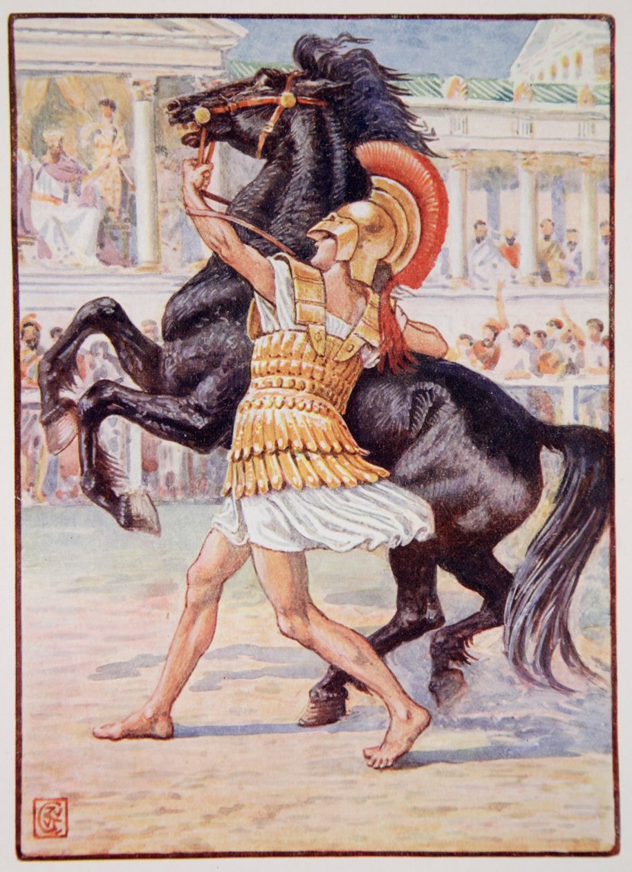 Přiběhl ke koni a popadl uzdu, ilustrace z knihy "The Story of Greece" od Mary Macgregorové, 1. vydání, 1913 (barevný tisk). od Walter Crane