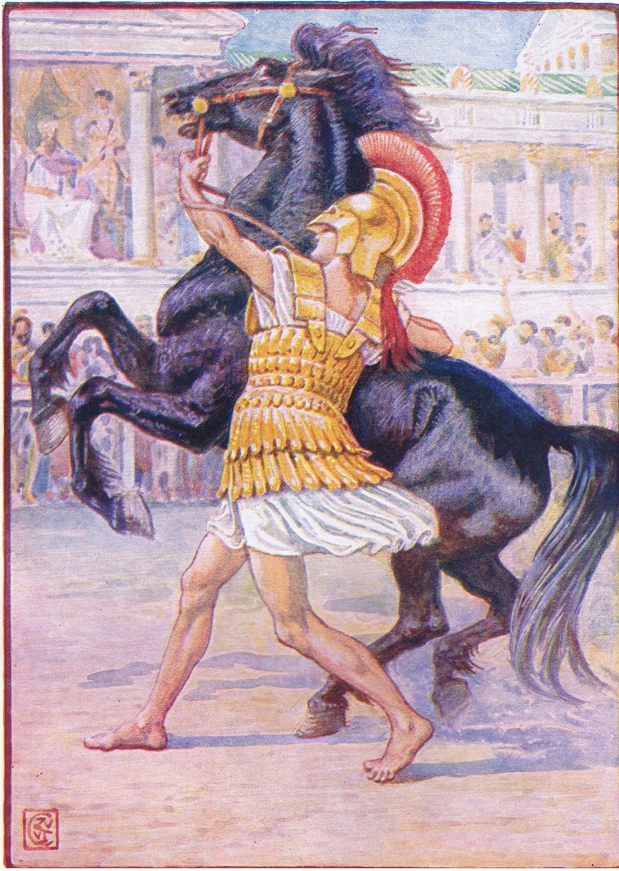 Rozběhl se ke koni a popadl uzdu, ilustrace z Příběhu Řecka, 30. léta 20. století od Walter Crane
