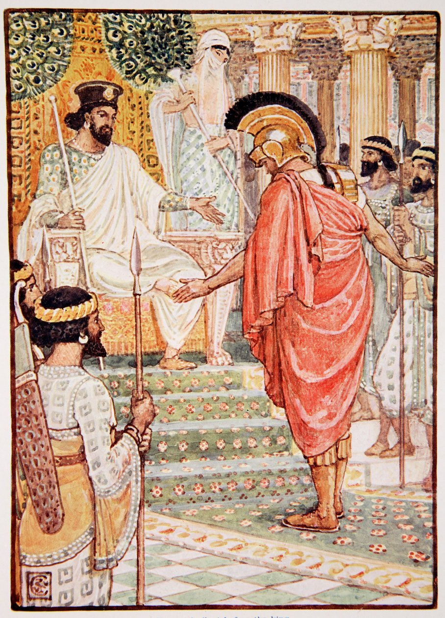 Stál mlčky před králem, ilustrace z „Příběhu Řecka“ od Mary Macgregorové, 1. vydání, 1913 (barevný tisk) od Walter Crane