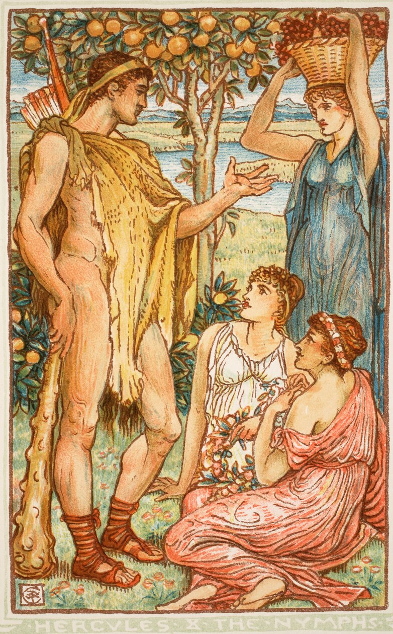 Herkules a nymfy, ilustrace z „Knihy zázraků pro dívky a chlapce“ od Nathaniela Hawthorna, 1852 od Walter Crane