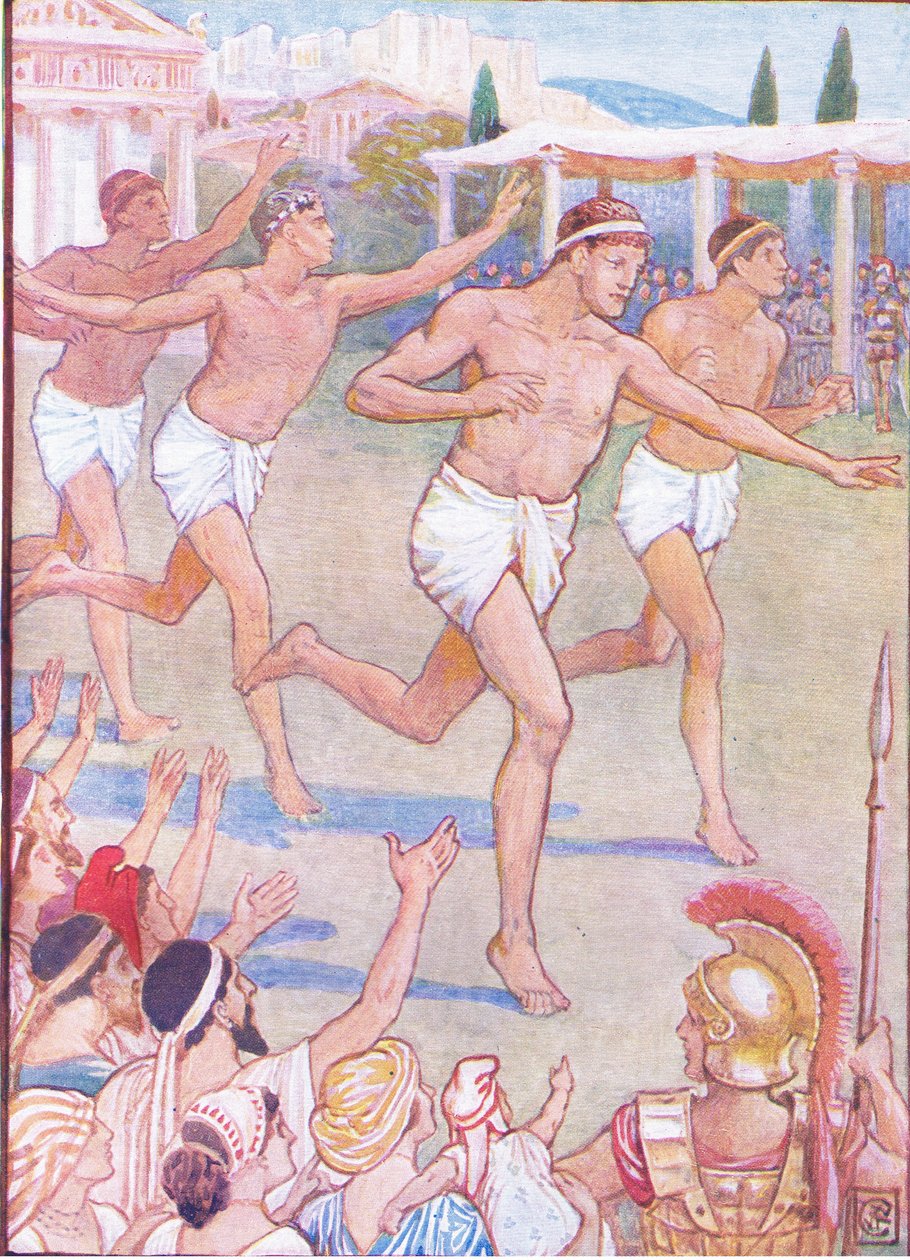 V nejstarších dobách byl jednoduchý závod nohou jedinou událostí, ilustrace z Příběhu Řecka, 30. léta od Walter Crane