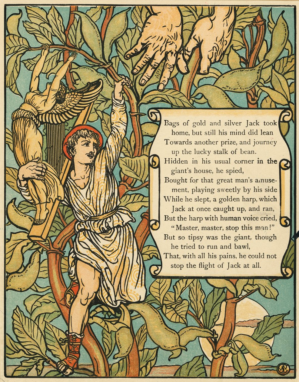Jack sestupuje po Beanstalku z Jack and the Beanstalk pub. 1875 barevná litografie, 1875. od Walter Crane