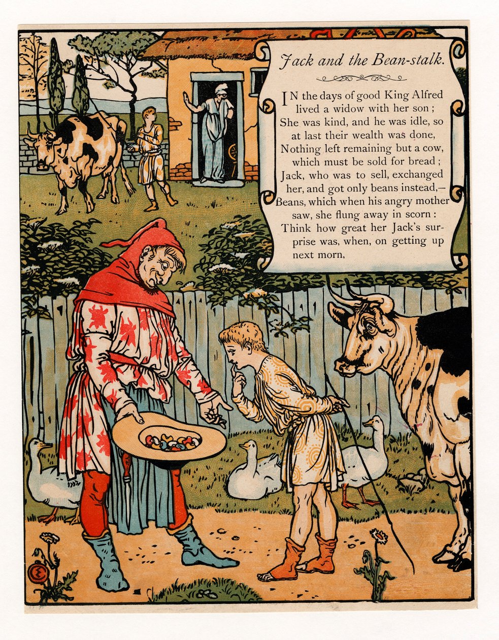Jack prodává svou krávu za fazole z hospody The Blue Beard Picture Book. 1879 barevná litografie, 1879. od Walter Crane