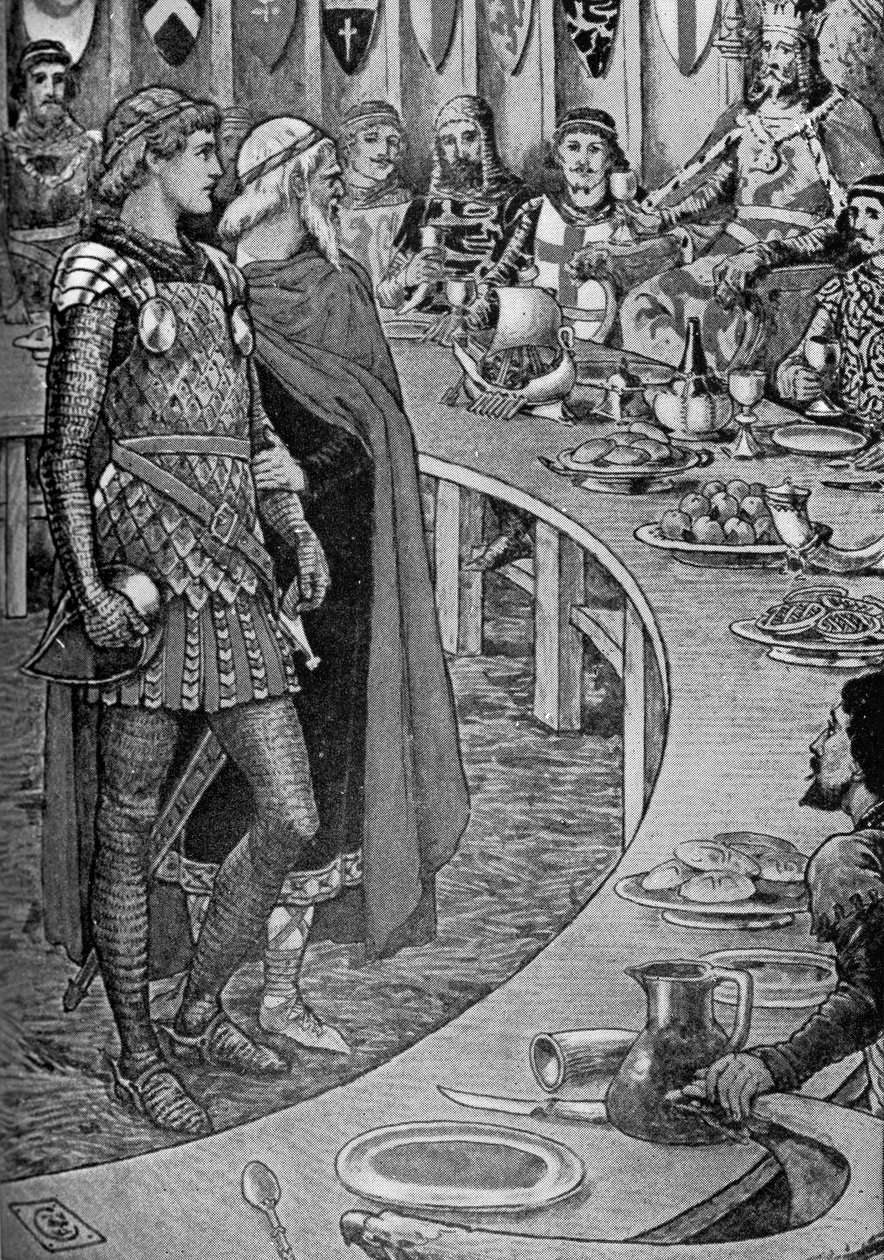 Král Artuš – starý muž představuje sira Galahada. od Walter Crane