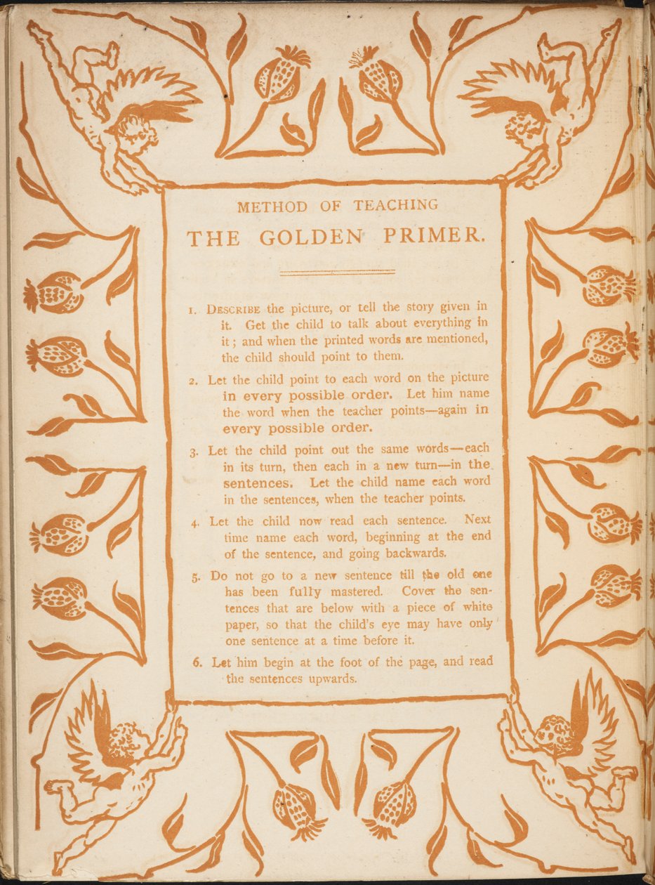 Metoda výuky zlatého základu. Květinové hranice s andělíčky. od Walter Crane