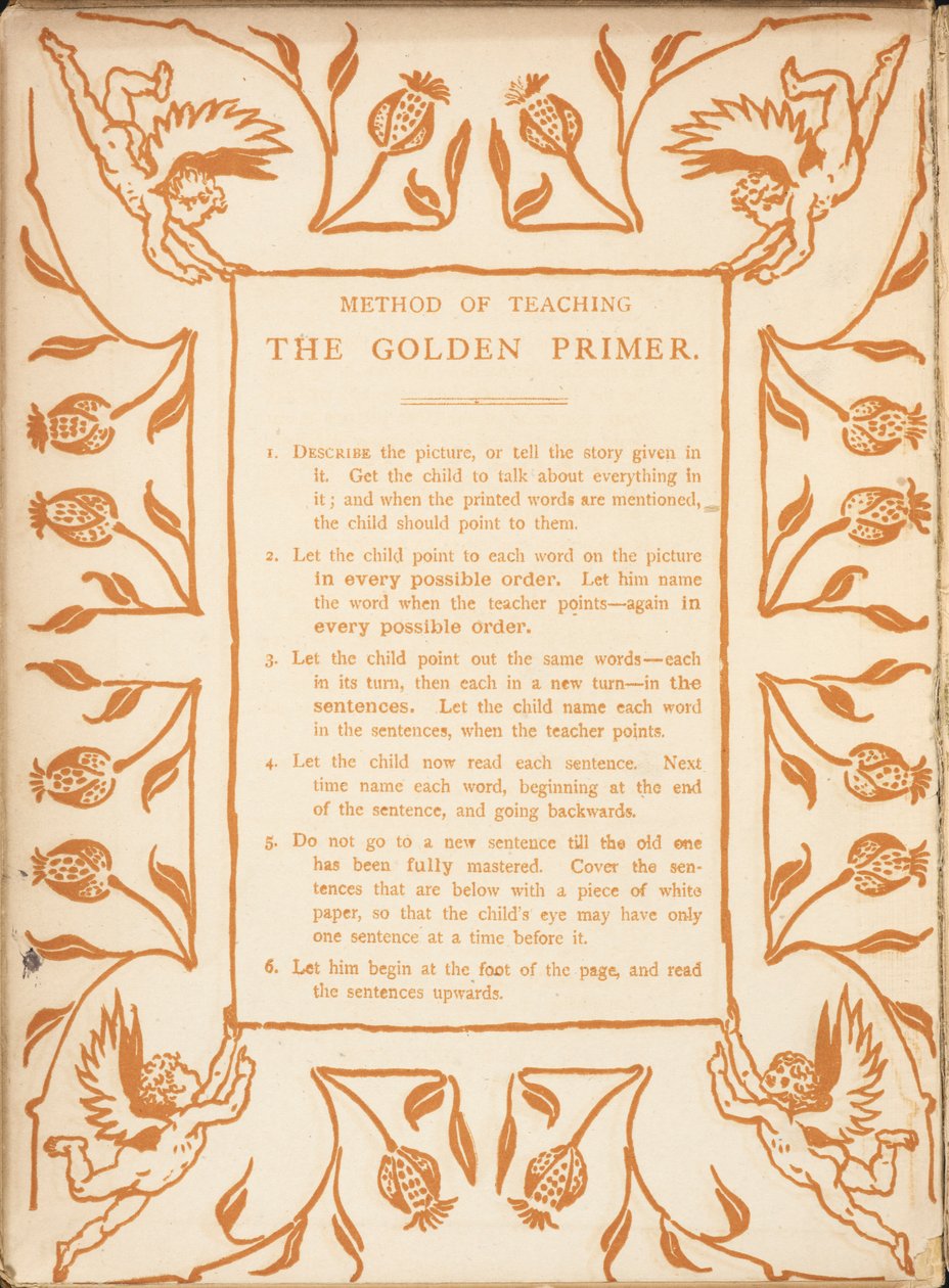 Metoda výuky zlatého základu. Květinové hranice, s andělíčky. od Walter Crane