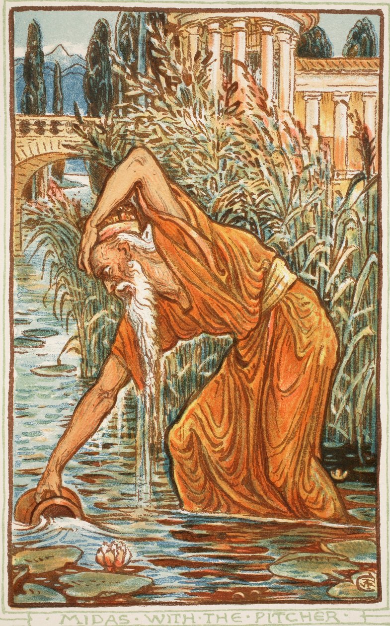 Midas se džbánem, ilustrace z knihy „Zázračná kniha pro dívky a chlapce“ od Nathaniela Hawthorna, 1852 od Walter Crane