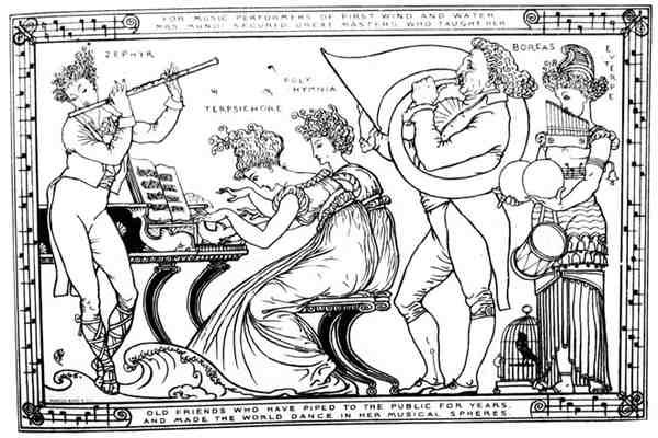 „Staří přátelé, kteří léta dýmali veřejnosti a přiměli svět tančit v jejích hudebních sférách“ (litho) (č/b foto) od Walter Crane