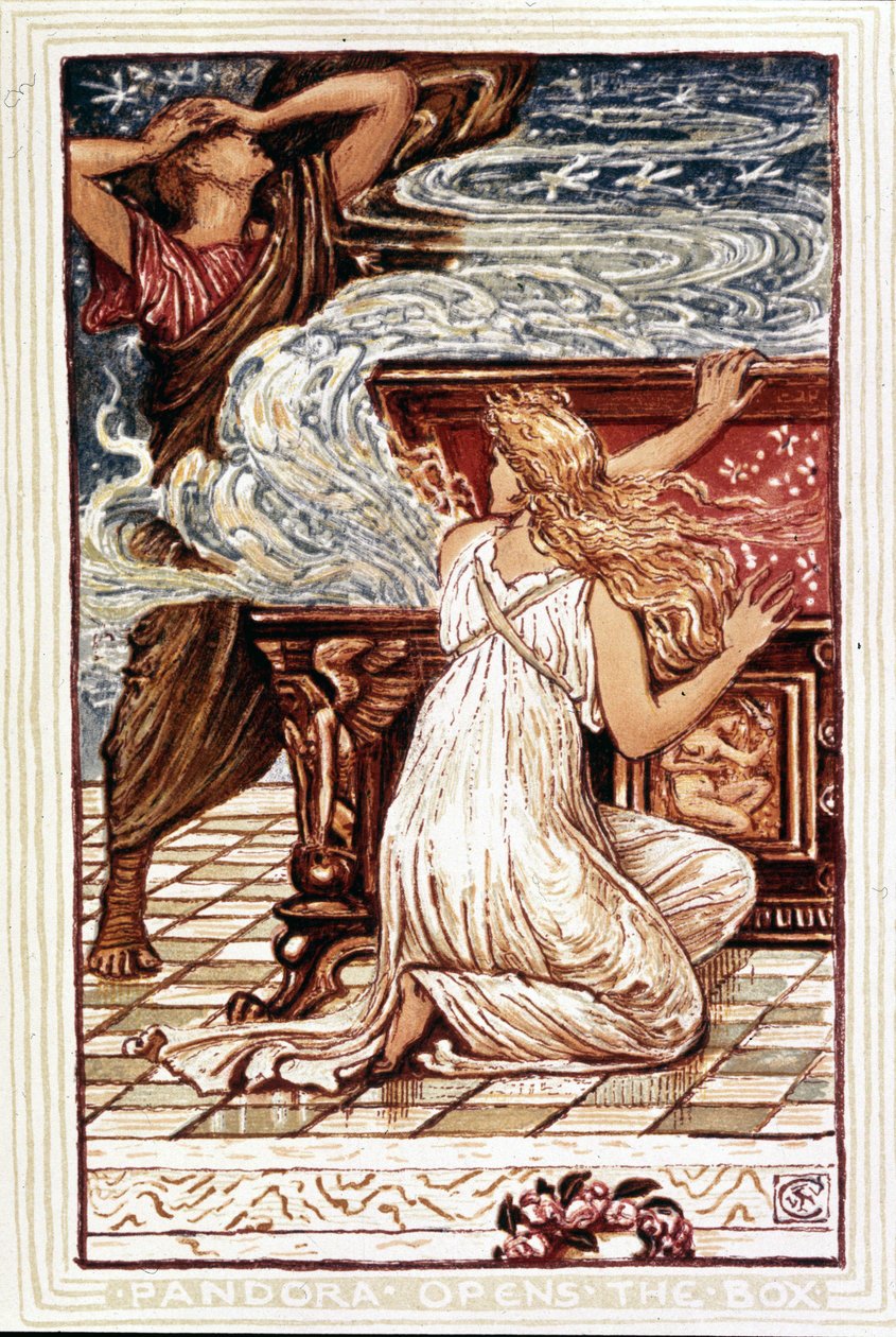Pandora otevírá krabici. Ilustrace Waltera Cranea pro „Zázračnou knihu pro dívky a chlapce“, Londýn 1893. od Walter Crane