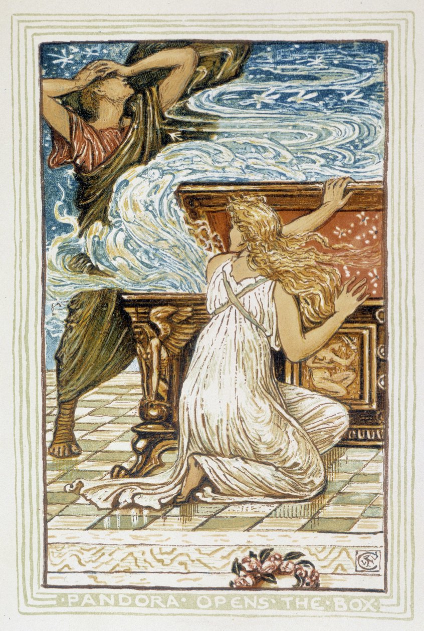 Pandora otevře krabici – v „“ Zázračná kniha pro dívky a chlapce: hloh“ od Waltera Cranea. 1895 od Walter Crane