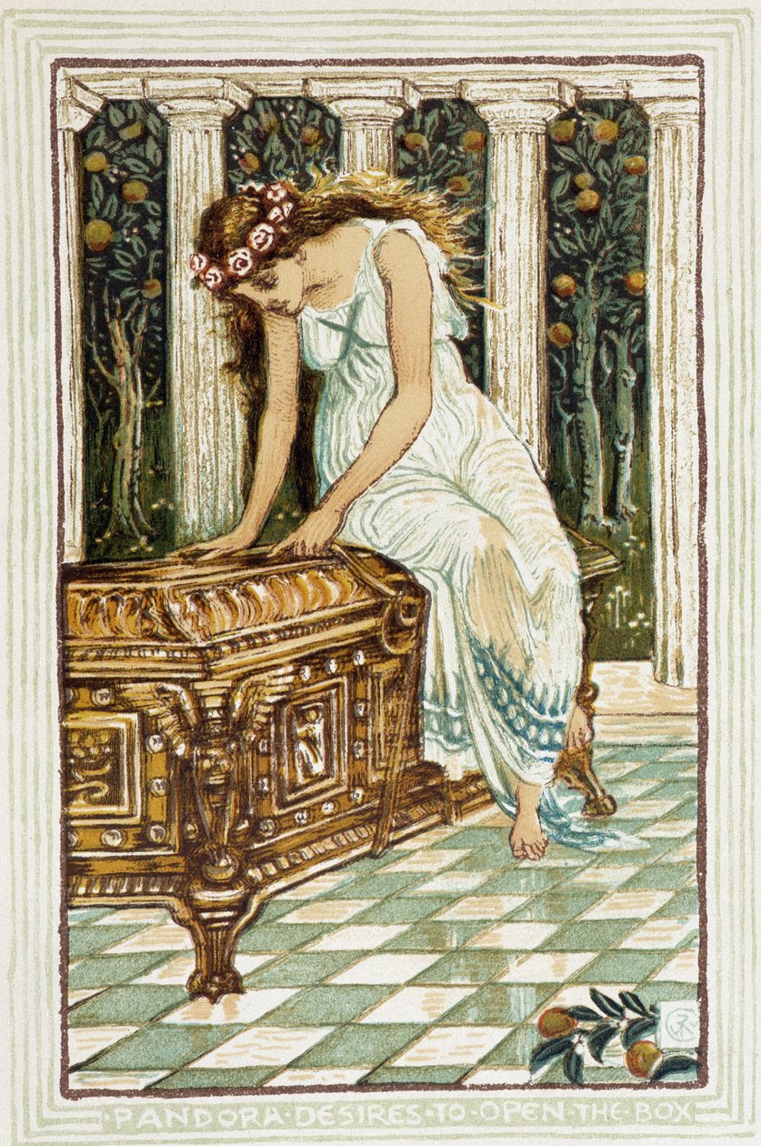 Pandora chce otevřít trezor – v „Knize zázraků pro dívky a chlapce““ od Walter Crane
