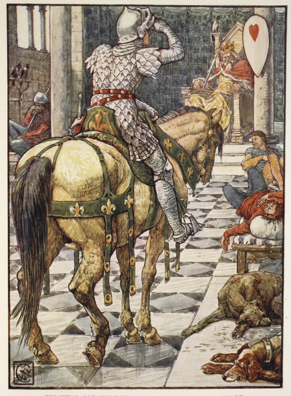 Percival získává štít tlukoucího srdce, z „Příběhů rytířů kulatého stolu“ od Henryho Gilberta, první vydání, 1911 od Walter Crane