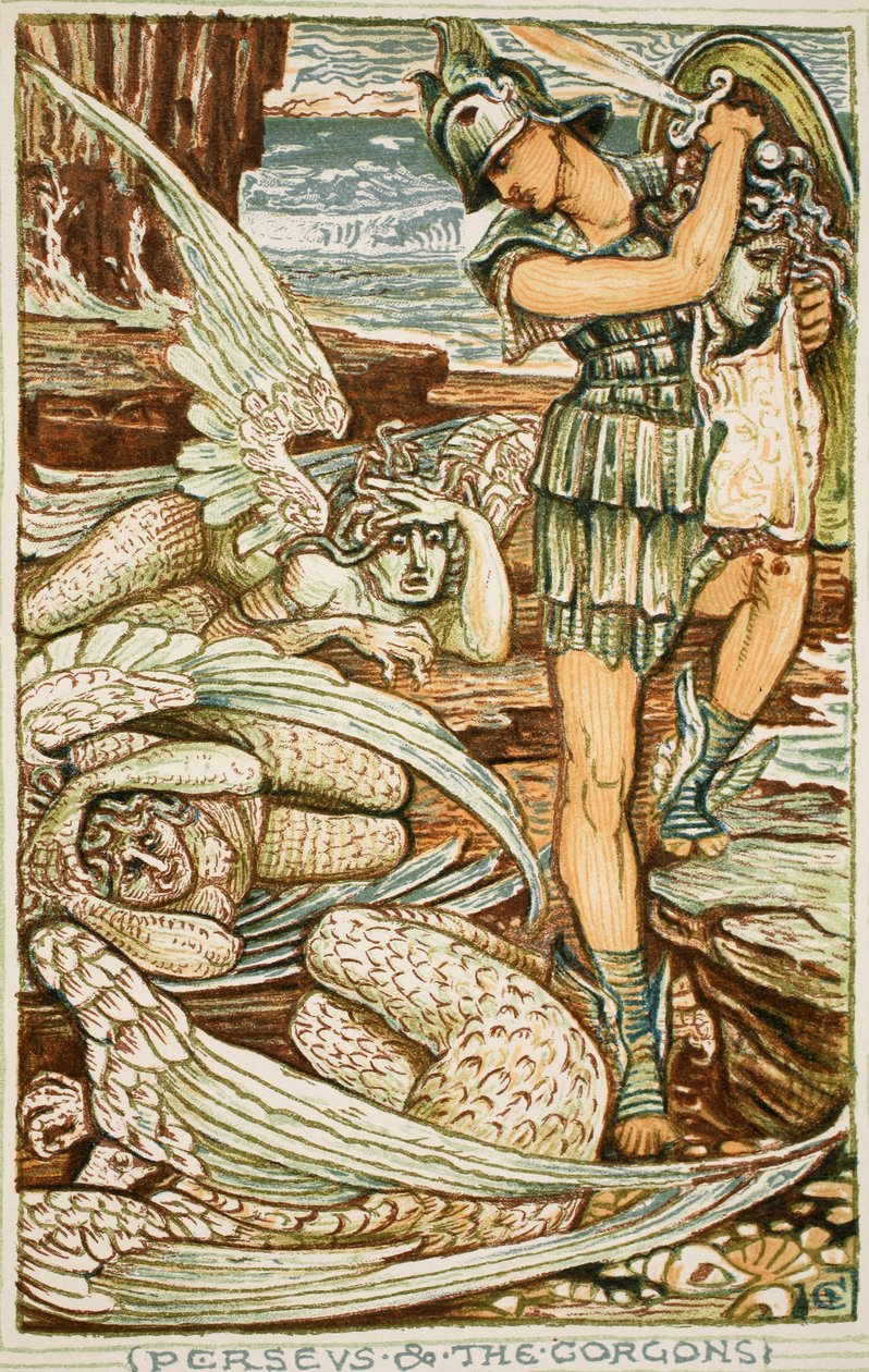 Perseus a Gorgony, ilustrace z knihy „Zázračná kniha pro dívky a chlapce“ od Nathaniela Hawthorna od Walter Crane