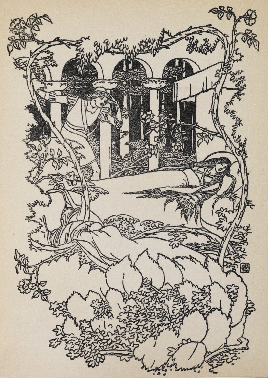 Princ Charming najde Spící Šípkovou Růženku v budově porostlé trním. od Walter Crane
