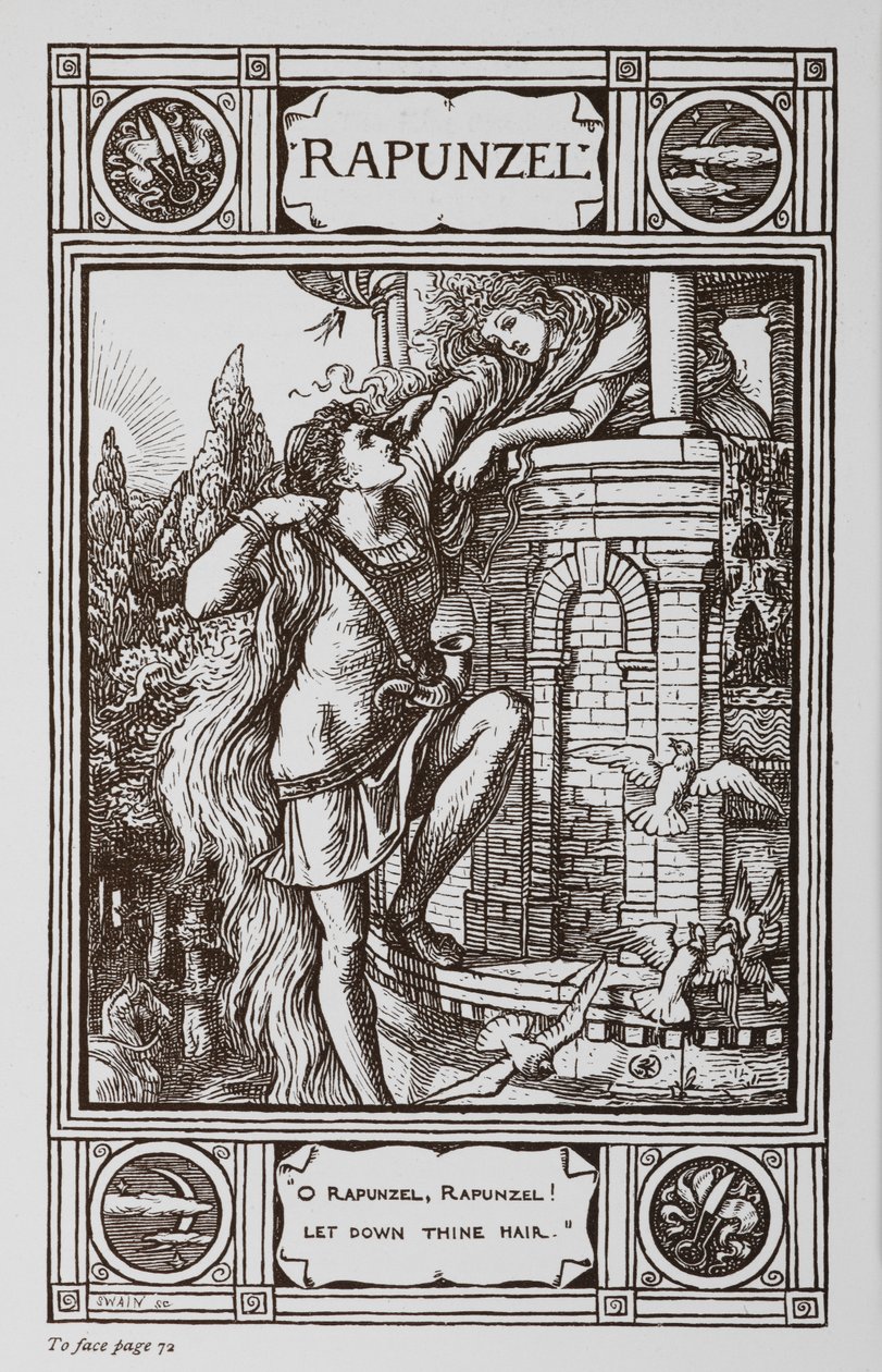 Rapunzel se vyklání z okna věže, zatímco princ šplhá po jejích vlasech. od Walter Crane