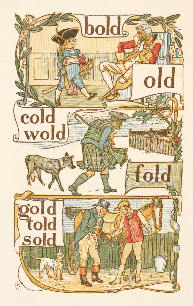 Rýmovaná slova končící na písmeno D. Chlapec oblečený jako voják. Skot. Žokej. Zlatý základ. od Walter Crane