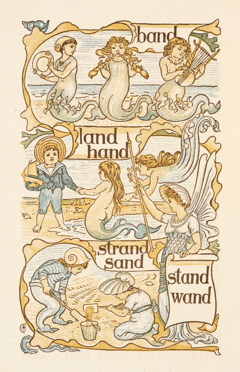 Rýmovaná slova končící na písmeno D. Mořské panny. Děti staví hrady z písku na pláži. Zlatý základ. od Walter Crane