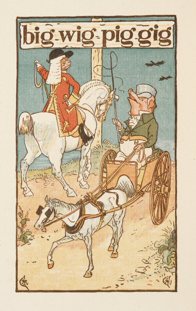 Rýmovaná slova končící na písmeno G. Ilustrace zobrazující prase jedoucí na koni a další jedoucí na vozíku. Zlatý základ. od Walter Crane