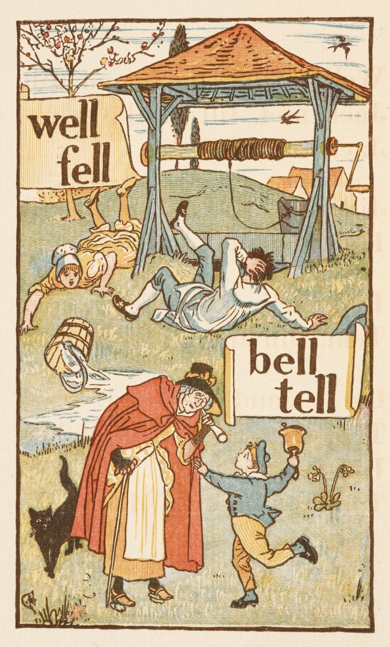 Rýmovaná slova končící na písmeno L. Chlapec se zvonkem. Stará žena a její kočka. Zlatý základ. od Walter Crane