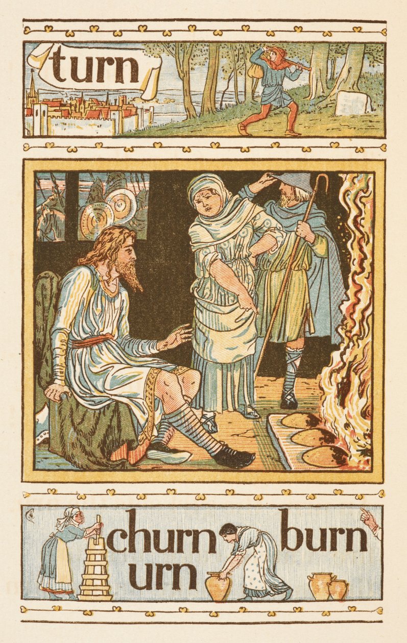 Rýmující slova končící na písmeno N. Ilustrace, zobrazující možná král Alfred a hořící koláče. Zlatý základ. od Walter Crane