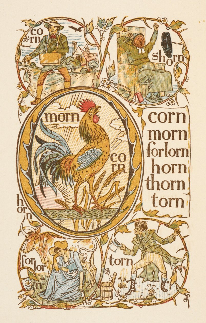 Rýmovaná slova končící na písmeno N. Pro ilustraci použití písmene O. The Golden primer. od Walter Crane
