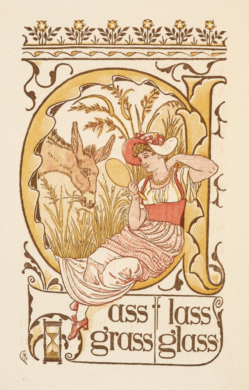 Rýmovaná slova končící na písmeno S. Žena držící zrcadlo. Zlatý základ. od Walter Crane