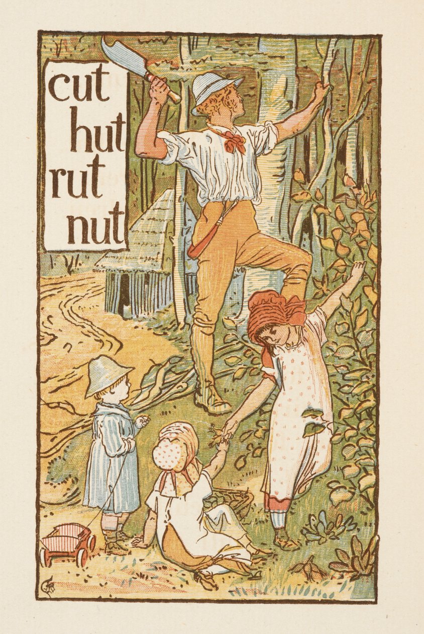 Rýmovaná slova končící na písmeno T. Ilustrace znázorňující muže, jak kácí strom. Jsou s ním tři děti. Zlatý základ. od Walter Crane