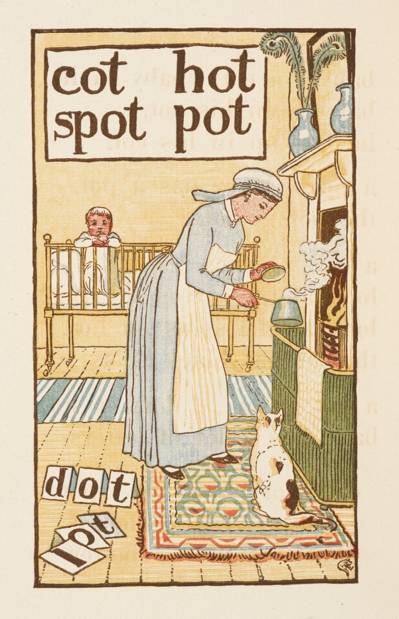 Rýmovaná slova končící na písmeno T. Ilustrace zobrazující zdravotní sestru vařící hrnec pro nemocné dítě. Zlatý základ. od Walter Crane