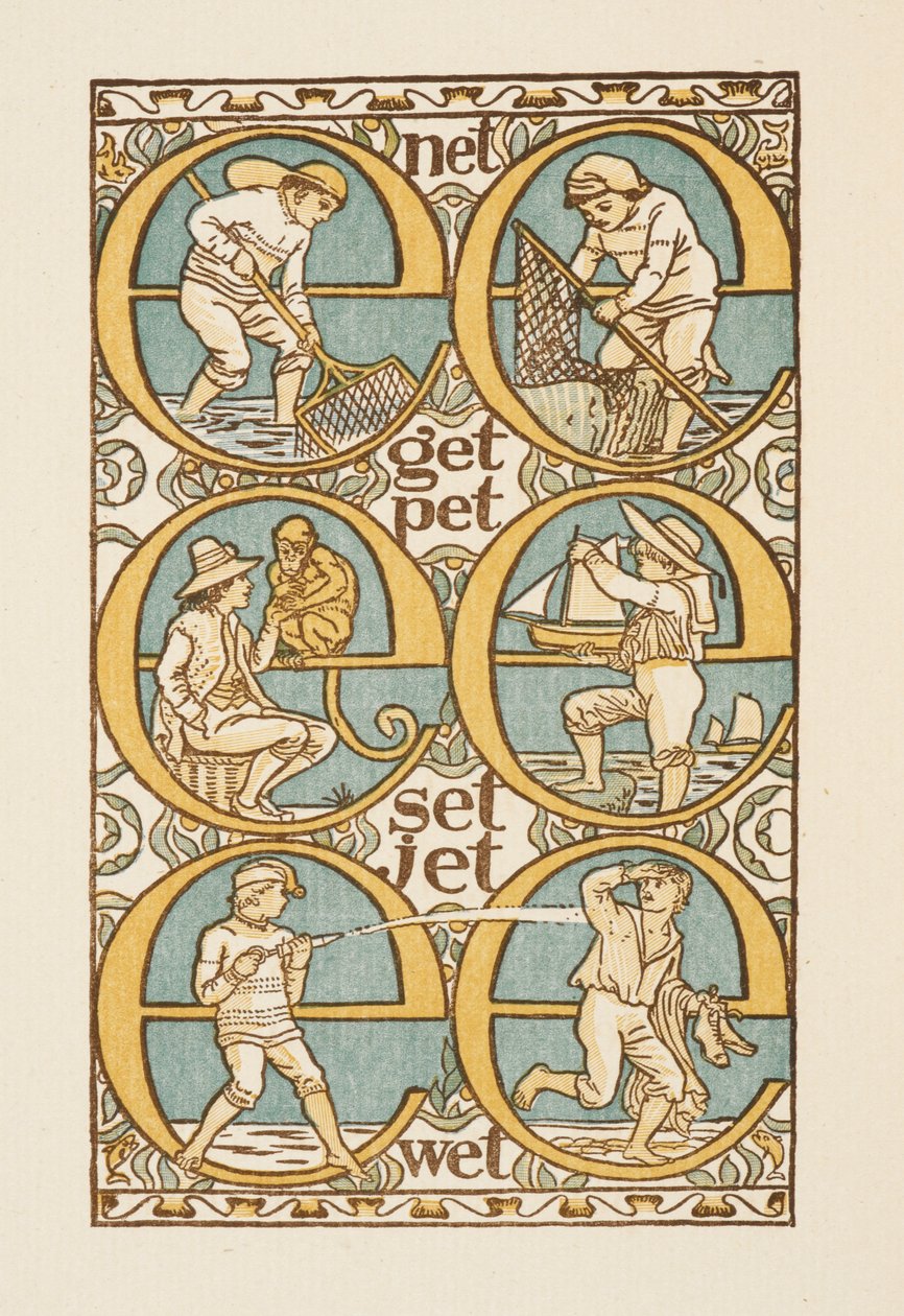 Rýmovaná slova ilustrující použití písmene E. The Golden primer. od Walter Crane