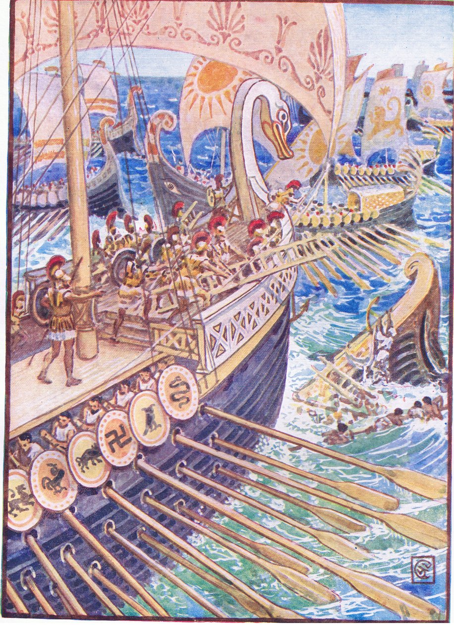 Loď se řítila proti lodi, dokud perští mrtví nerozsypali hlubinu jako květiny, ilustrace z Příběhu Řecka, 30. léta od Walter Crane
