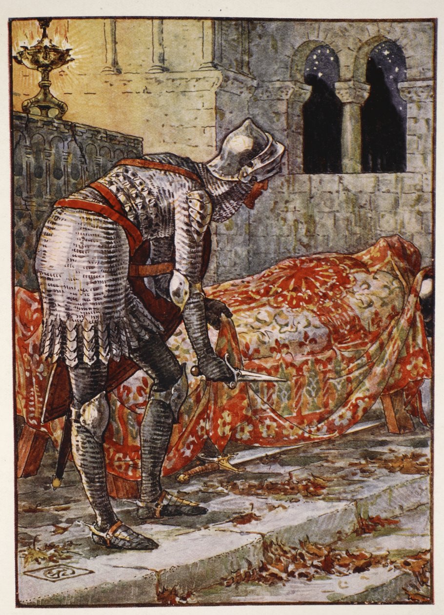 Sir Lancelot v kapli Nebezpečný, z „Příběhů rytířů kulatého stolu“ od Henryho Gilberta, první vydání, 1911 od Walter Crane
